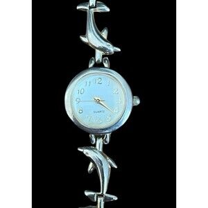 Dolphin Watch Women 22mm Gold Silver Two Tone White Dial Round New Battery 6"
